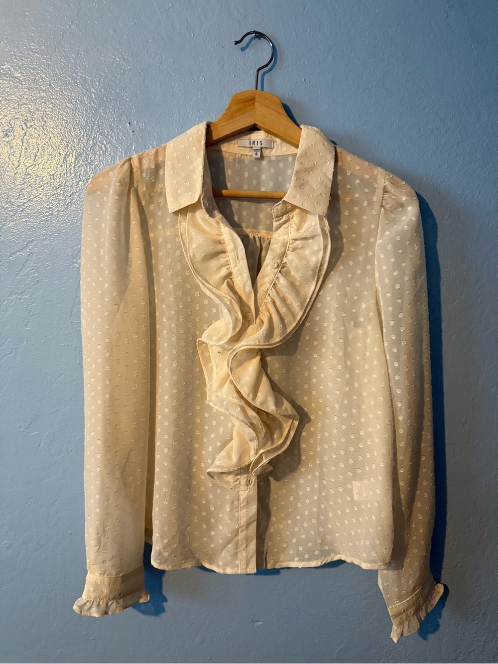 iris Cream Ruffle Front Dot-Textured Blouse